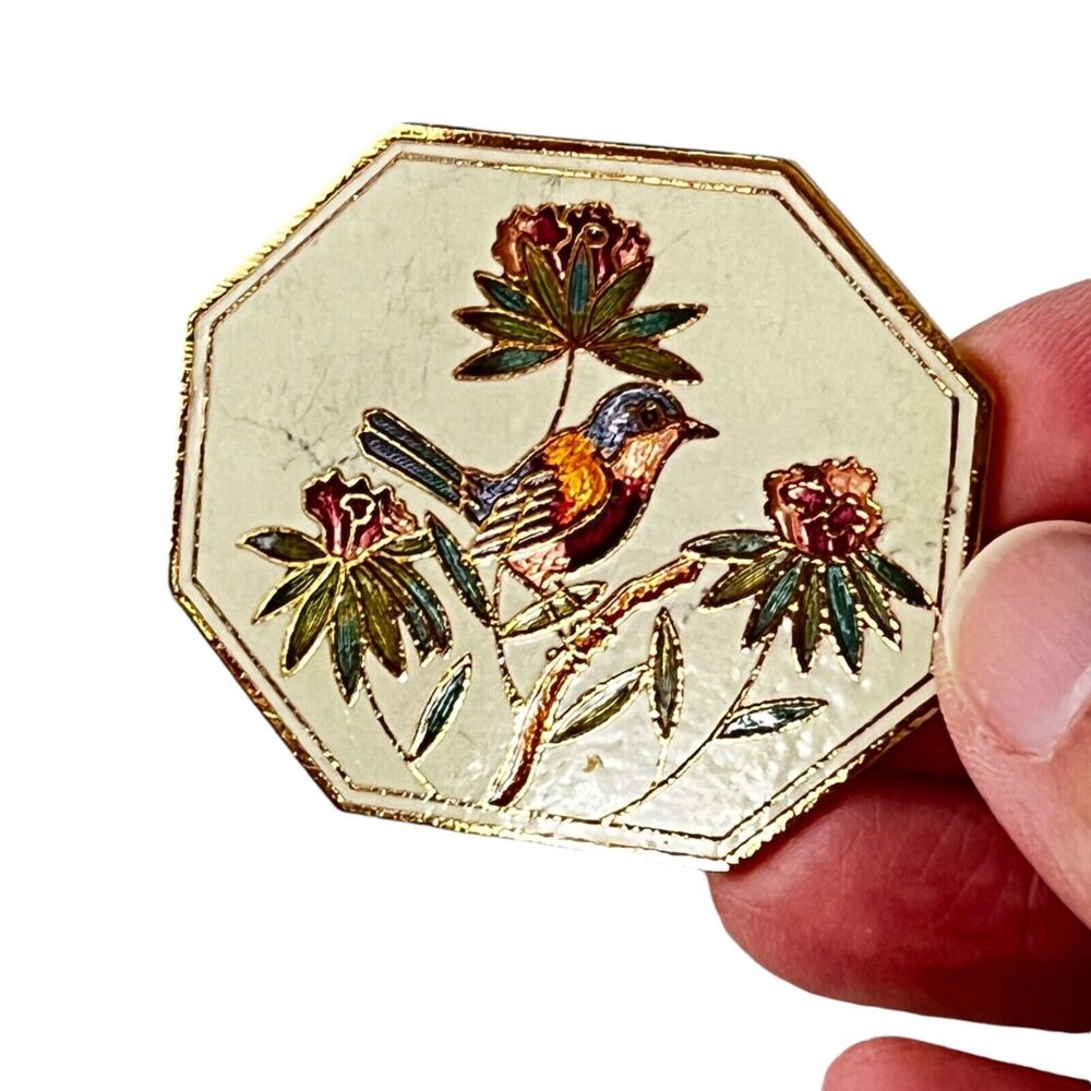 Vintage Cloisonné Octagon Buckle Bird Perch on Flowering Tree White Background
